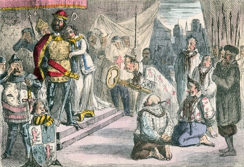 Dronning Philippa går i forbøn hos Edward III for de seks borgerskaber af Calais af John Leech