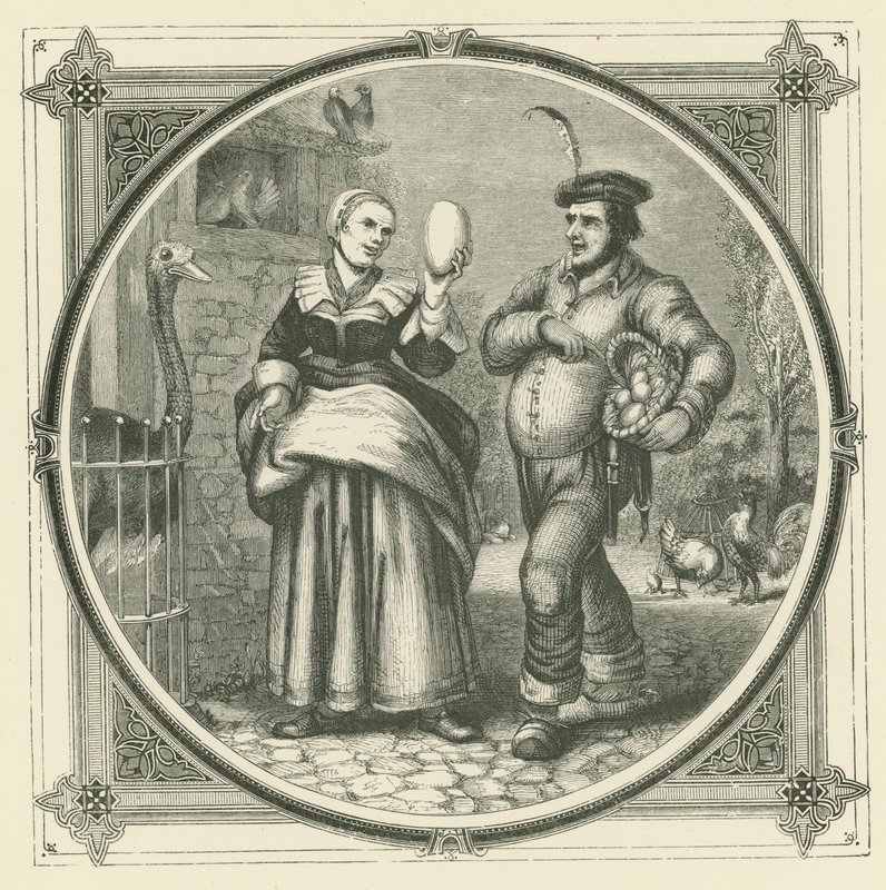 En høne lægger hver dag, men en struds kun én gang om året (gravering) af John Leighton