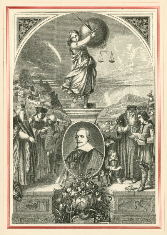 Portræt af Jacob Cats, under allegorisk figur af Universal Retfærdighed (gravering) af John Leighton