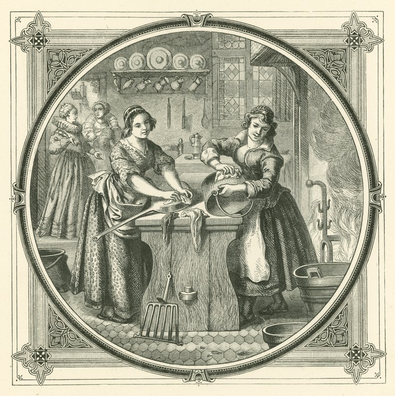 Når sjuskede tjenere får ryddet op, pudser de bunden af gryderne (gravering) af John Leighton