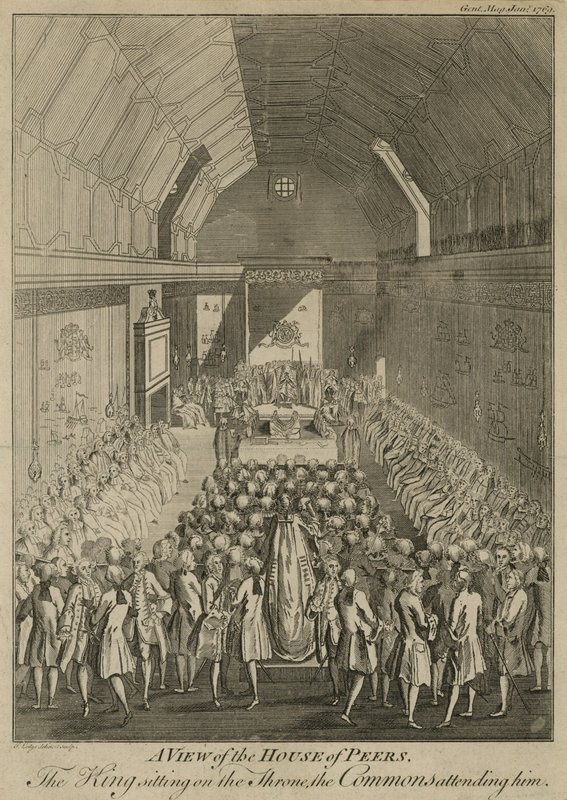 En udsigt over House of Peers med kongen siddende på tronen, Fælleshuset tilstede ham af John Lodge