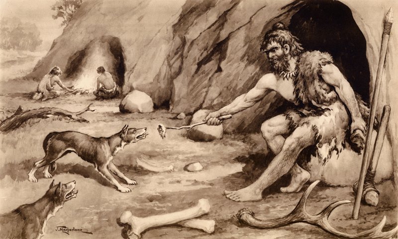 Hulemand fodrer hund (litografi) af John Macfarlane