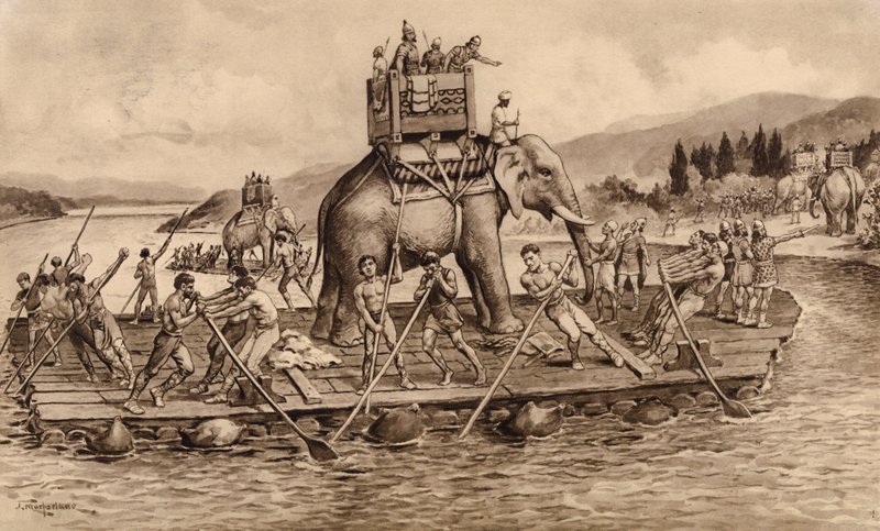 Hannibal krydser floden Rhone (litografi) af John Macfarlane