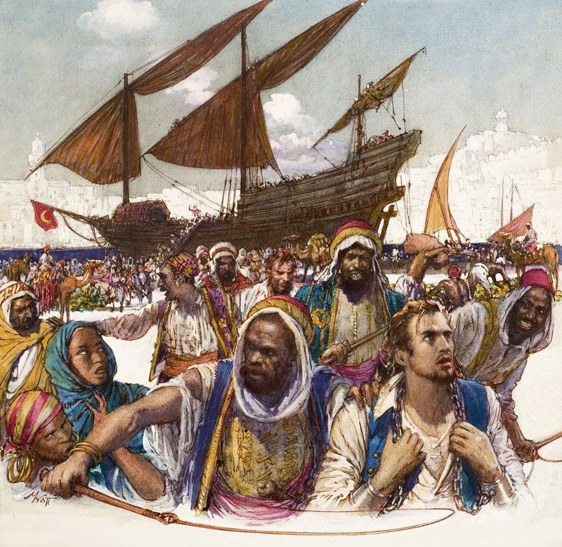 Fanger af arabere føres i lænker fra havnen, med dhow i baggrunden af John Millar Watt