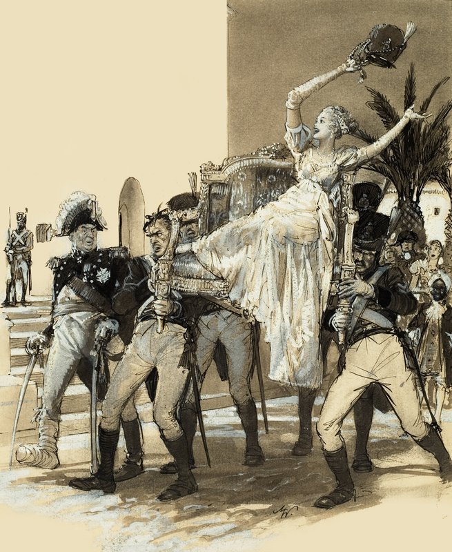Pige bliver båret af soldater (gouache på papir) af John Millar Watt
