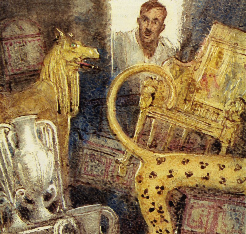 Howard Carter opdagede Tutankhamons forsvundne gravkammer (farvelitografi) af John Millar Watt
