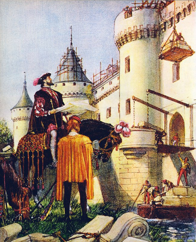 Kong Frans I af Frankrig fører tilsyn med opførelsen af slotte (farvelitografi) af John Millar Watt