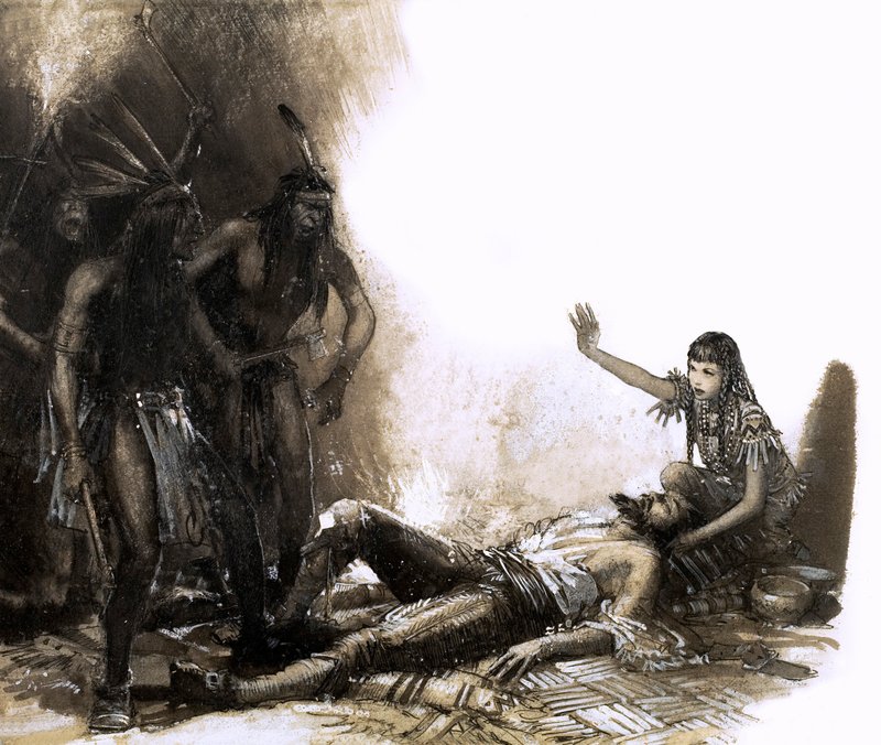 Pocahontas griber ind for at redde kaptajn Smiths liv (gouache på papir) af John Millar Watt