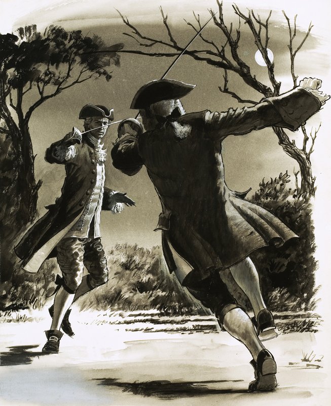 Uidentificerede mænd duellerer med sværd i måneskin af John Millar Watt