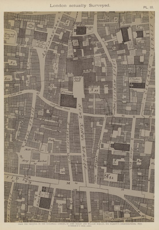Kort over en del af City of London, der viser Guildhalls beliggenhed af John Ogilby