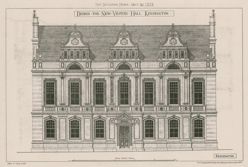 Design til New Vestry Hall, Kensington, London af John Oldrid Scott
