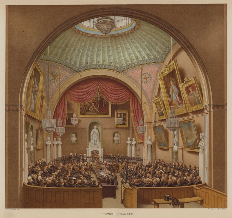 Council Chamber, Guildhall, City of London (farve litho) af John Phillipp Emslie