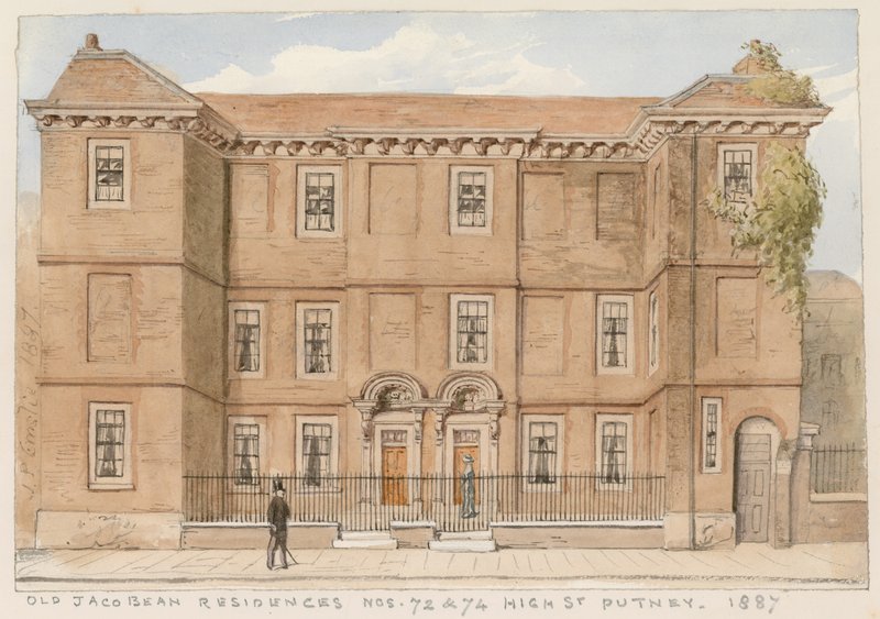 Gamle jakobeanske boliger, nr. 72 og 74, High Street, Putney, London, 1887 af John Phillipp Emslie