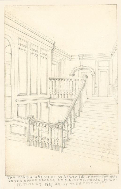 Fortsættelsen af trappen fra hallen til de øverste etager i Fairfax House, High Street, Putney, 1887 af John Phillipp Emslie