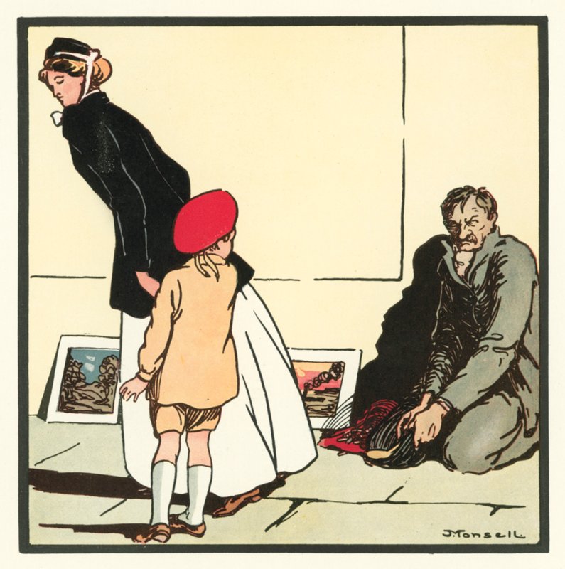 Kensington Rhymes: The Pavement Artist (farve litho) af John Robert (after) Monsell