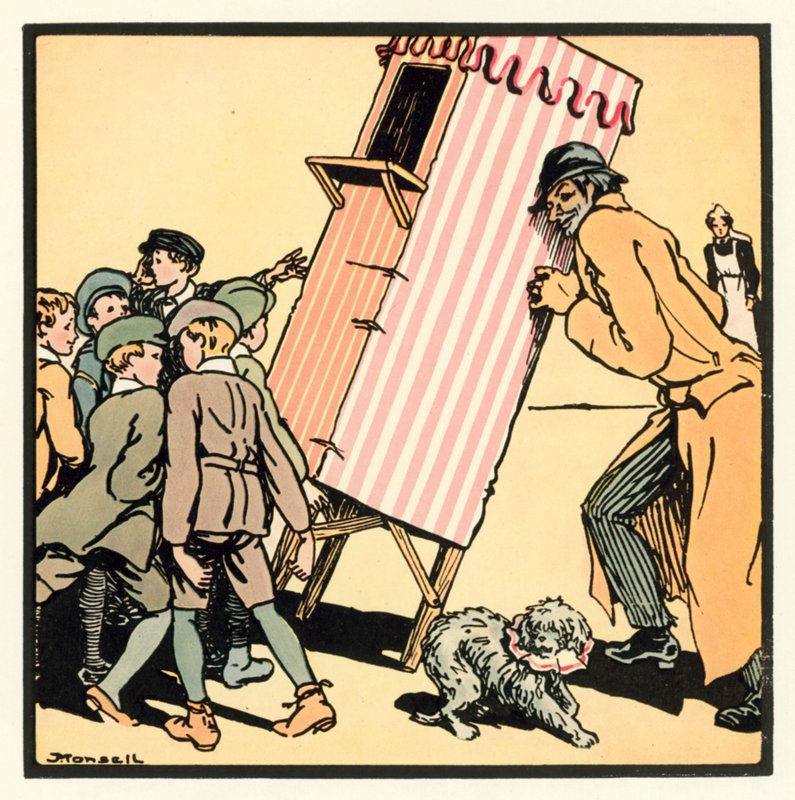 Kensington Rhymes: The Punch And Judy Show (farve litho) af John Robert (after) Monsell