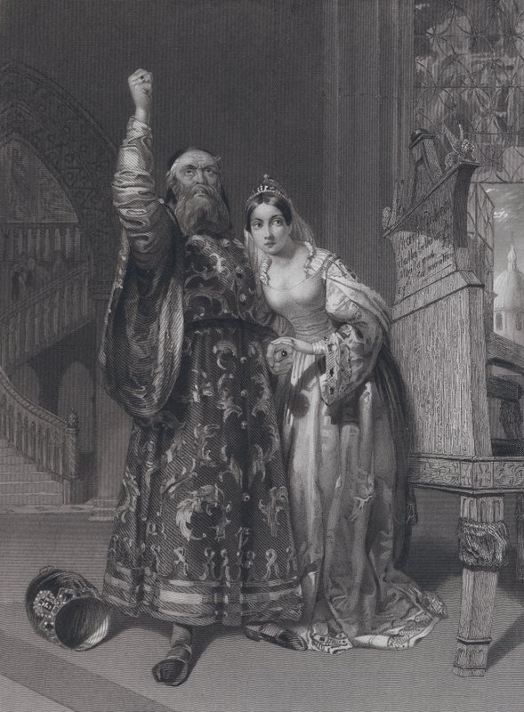 Marino Faliero, doge af Venedig, truer med hævn for injurier af sin kone, Aluycia Gradenigo (gravering) af John Rogers (after) Herbert