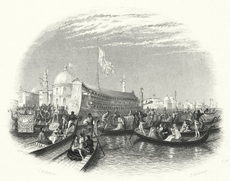 Havets ægteskab. Dogens pram og gondoler på vandet i Venedig (gravering) af John Rogers (after) Herbert