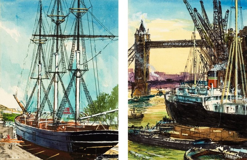 Et stort skib i Themsens nedre løb og et dampdrevet fragtskib nær Tower Bridge (gouache på papir) af John S. Smith