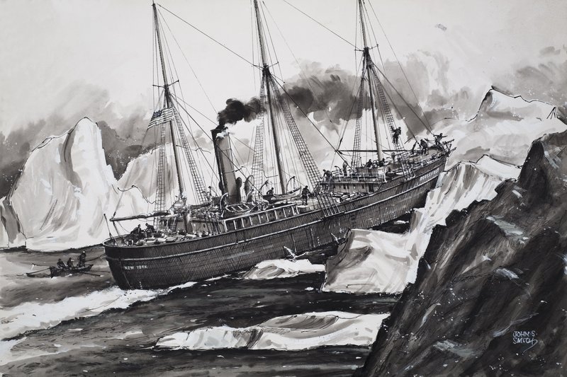 Roosevelt smadrer gennem isen for at komme til Nordpolen (gouache på papir) af John S. Smith