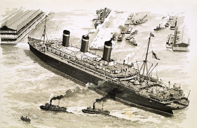 Dampskibet Leviathan lokkes ind mod en mole i New Yorks havn af slæbebåde. af John S. Smith