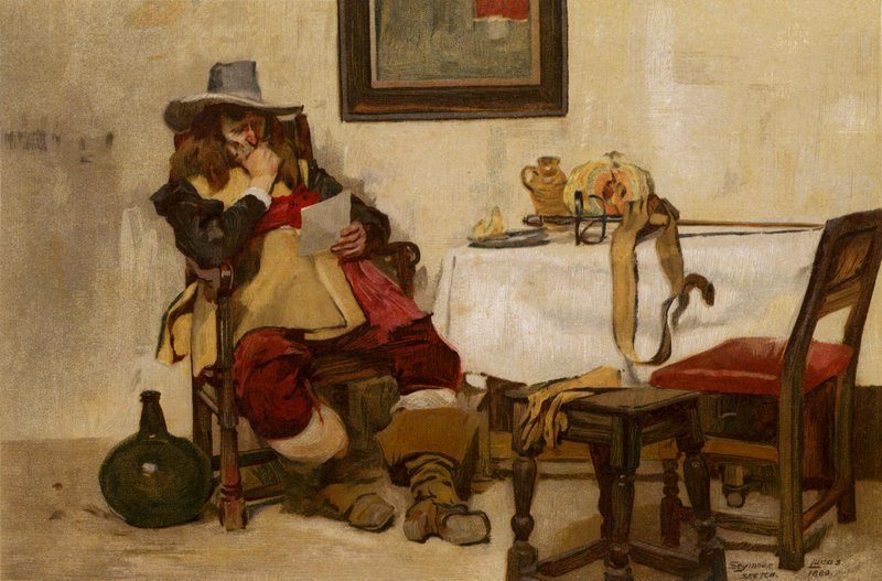 A Long Bill, en mand der læser (chromolitho) af John Seymour (after) Lucas