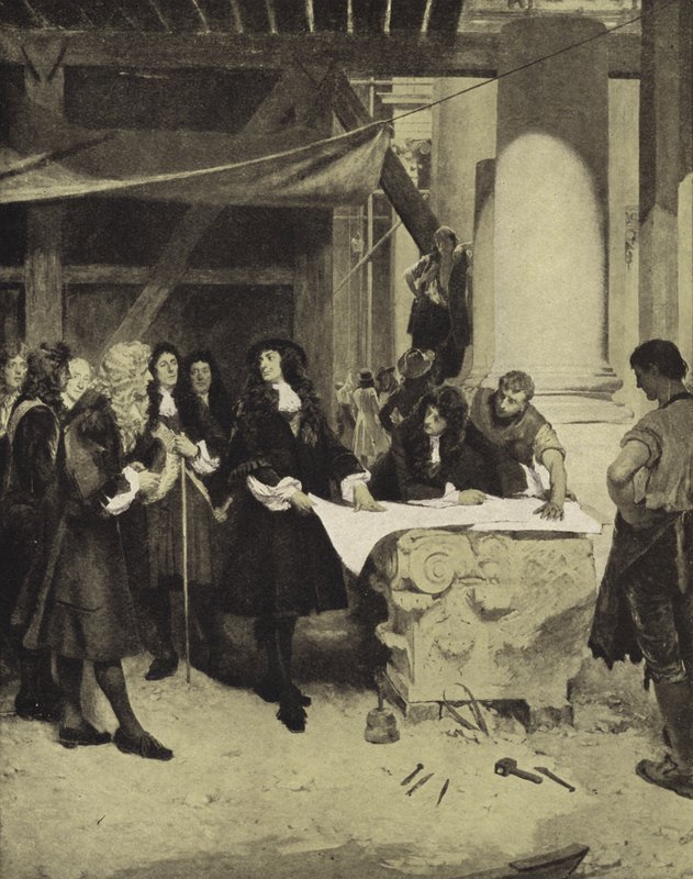 Kong Charles II besøger Sir Christopher Wren under bygningen af St Paul