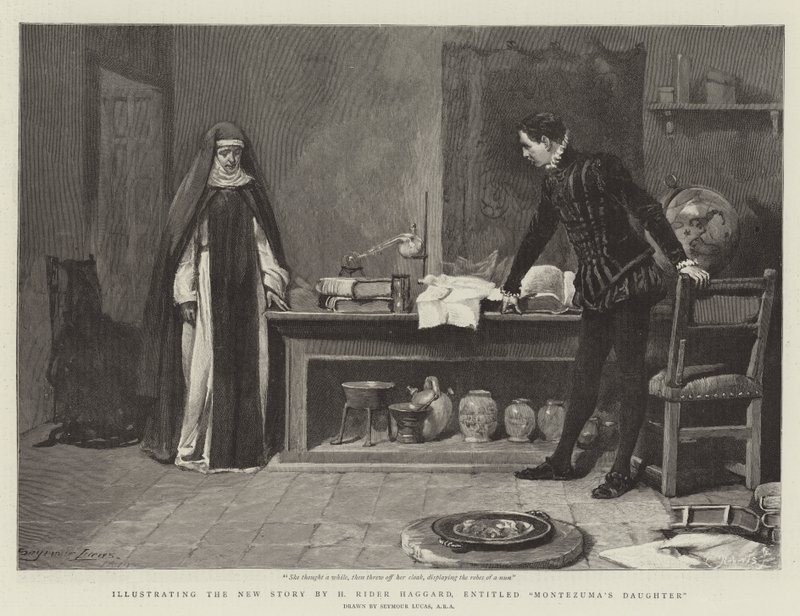 Illustrerer den nye historie af H Rider Haggard med titlen Montezumas datter af John Seymour Lucas