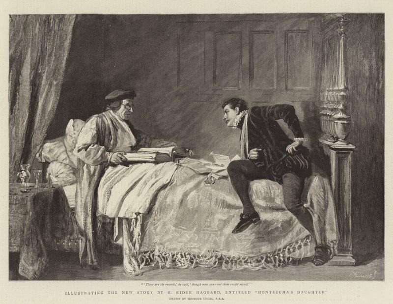 Illustration af den nye historie af H Rider Haggard med titlen Montezumas datter af John Seymour Lucas