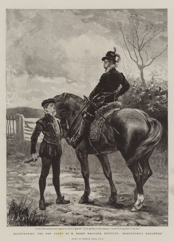 Illustration af den nye historie af H Rider Haggard med titlen Montezumas datter af John Seymour Lucas