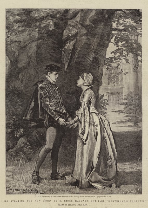 Illustrerer den nye historie af H Rider Haggard med titlen Montezumas datter af John Seymour Lucas