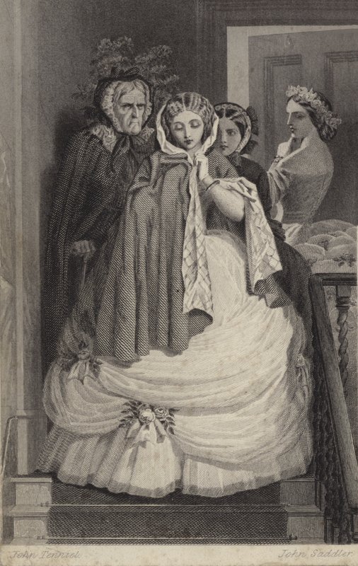 Smuk pige, klædt på til fest, ned ad trappen af John Tenniel