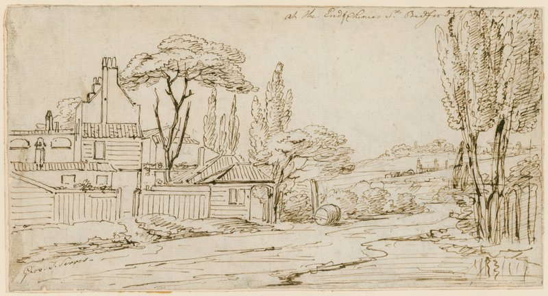 Ved enden af Chenies St, Bedford Square, 20. juli 1793 (blæk på papir) af John Thomas Serres