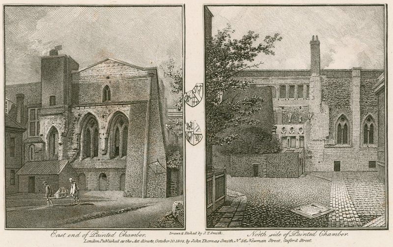 Østenden (venstre) og nordsiden (højre) af Painted Chamber, Westminster Palace af John Thomas Smith