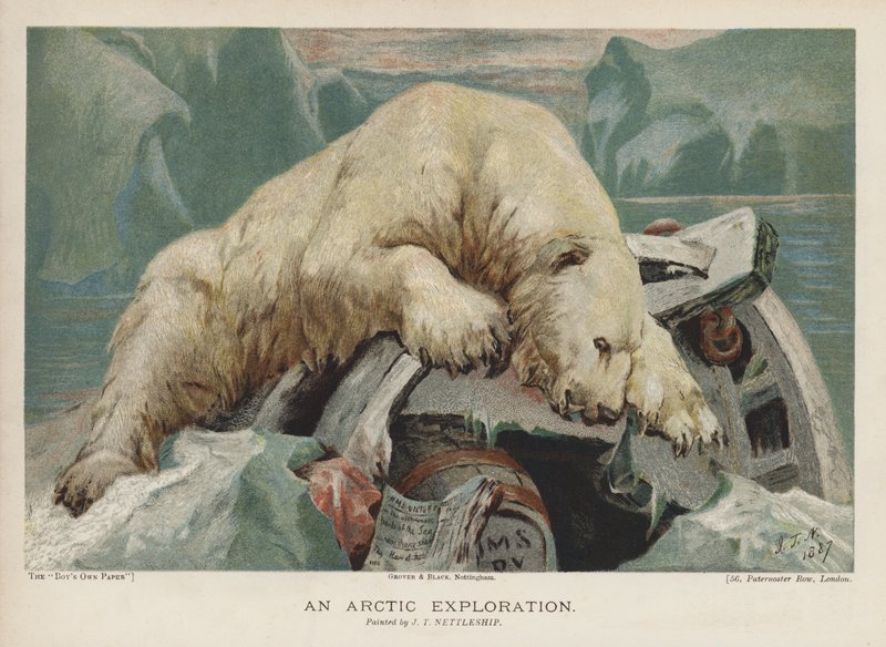 En arktisk udforskning: en isbjørn, der undersøger genstande fra en arktisk ekspedition (chromolitho) af John Trivett Nettleship