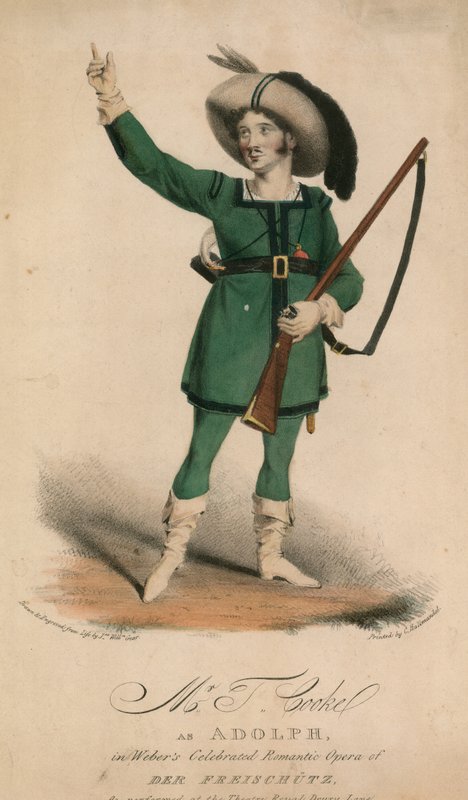 T. Cooke som Adolph i Webers berømte romantiske opera Der Freischutz, opført på Theatre Royal Drury Lane af John W. Gear