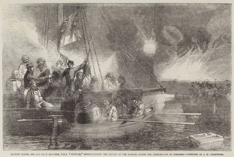 Kaptajn Glasse og hans chefingeniør, HMS Vulture, overvåger reparationen af mortererne under bombardementet af Sveaborg af John Wilson Carmichael