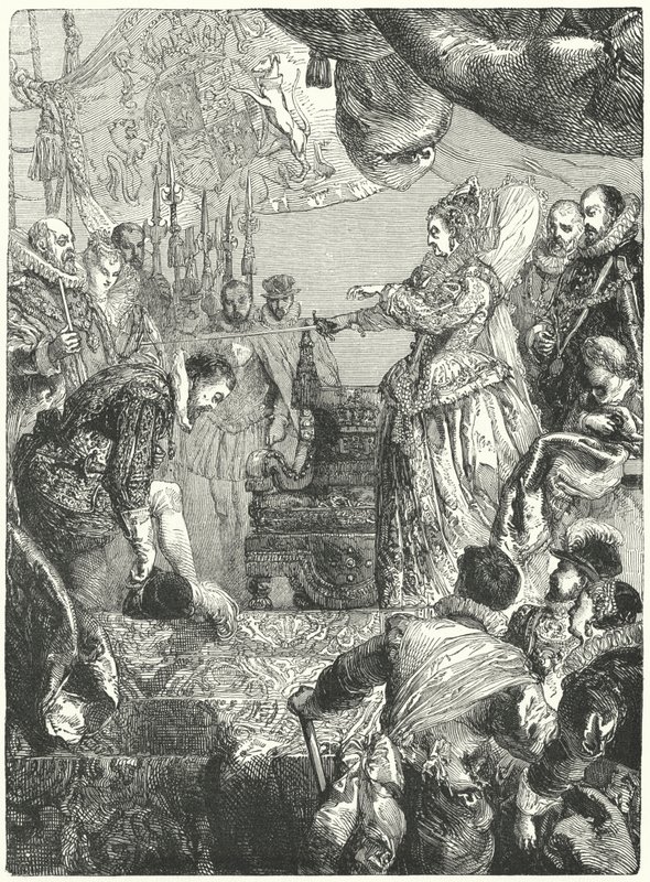 Sir Francis Drake modtog sit ridderskab af dronning Elizabeth I, 1581 af John after Gilbert