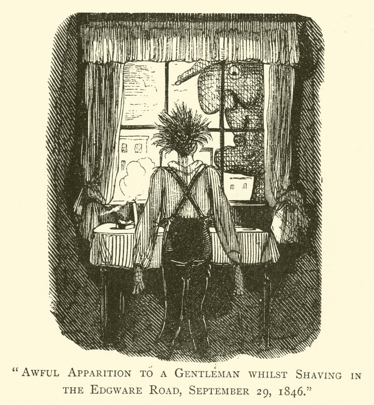 Forfærdeligt tilsynekomst for en herre, mens han barberede sig på Edgware Road, 29. september 1846 af John after Leech