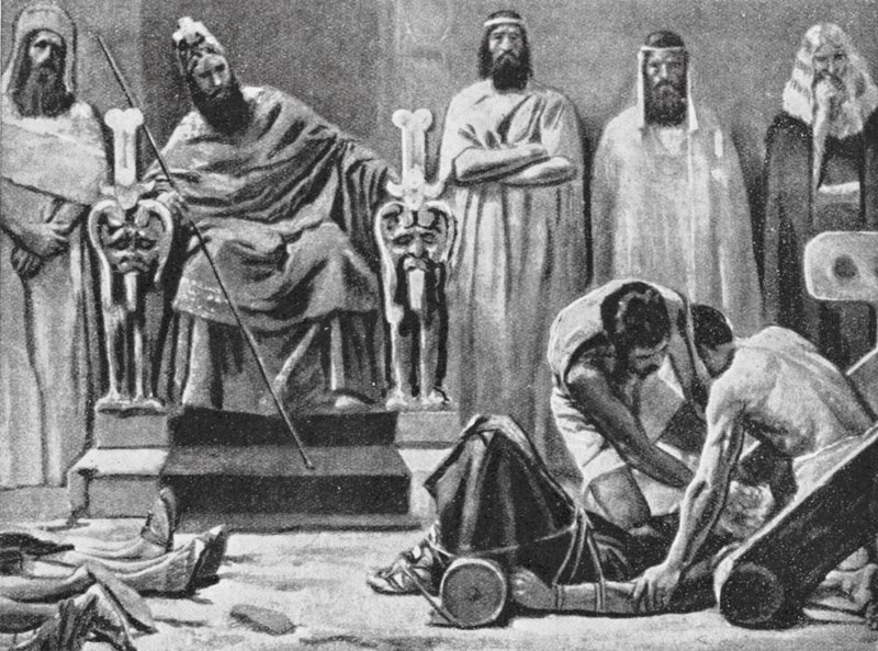 Zedekias bliver blindet og ført til Babylon, 586 f.Kr (litografi) af Jose (after) Villegas y Cordero
