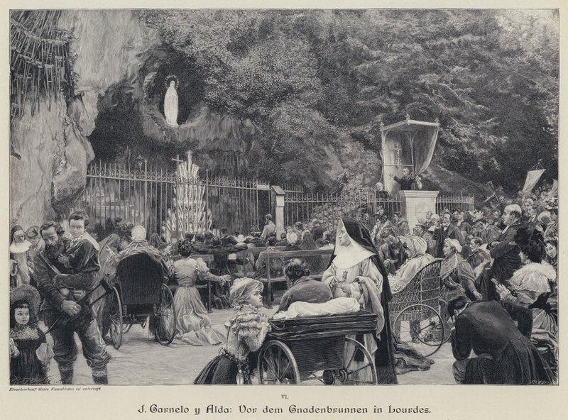 Grotte i Massabielle, Lourdes, Frankrig (gravering) af Jose Garnelo y Alda