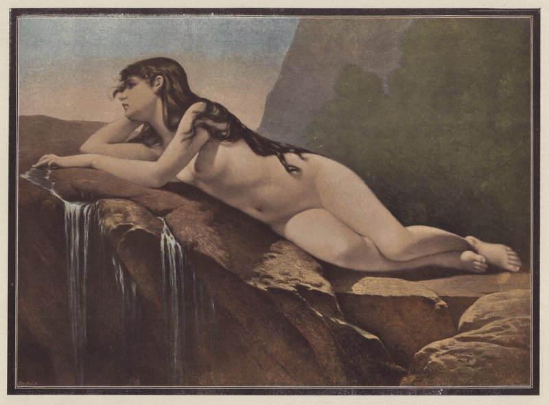 Kvinde liggende på en sten (farve litho) af Jose Nicolas Aussandron