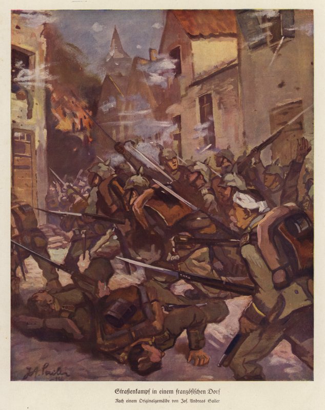 Gadekamp i en fransk landsby, Første Verdenskrig (farve litho) af Josef Andreas Sailer
