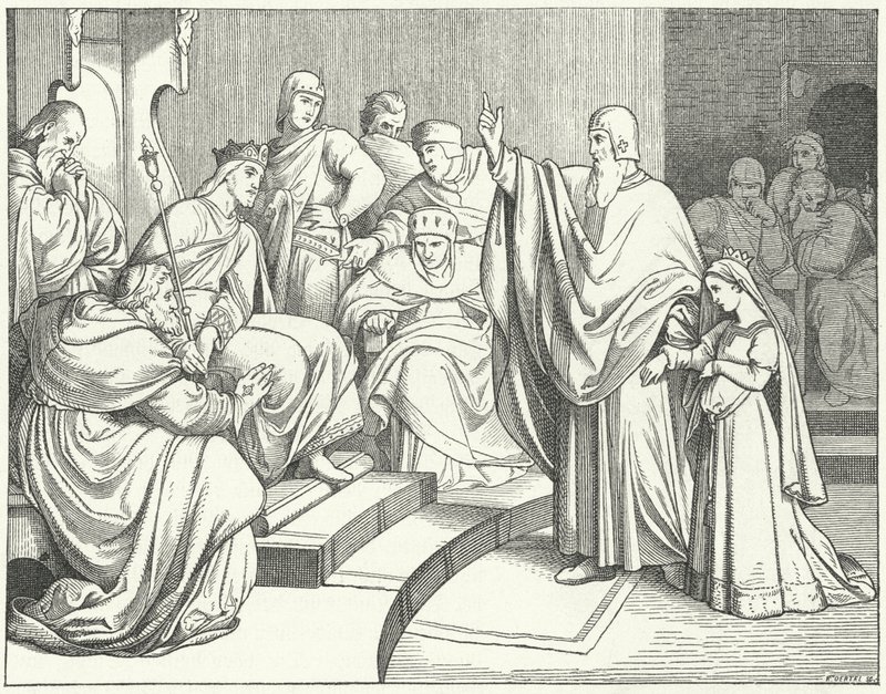 Beatrice af Hohenstaufen beder kong Otto IV af Tyskland om at hævne mordet på hendes far, Filip af Schwaben af Josef Mathias Trenkwald