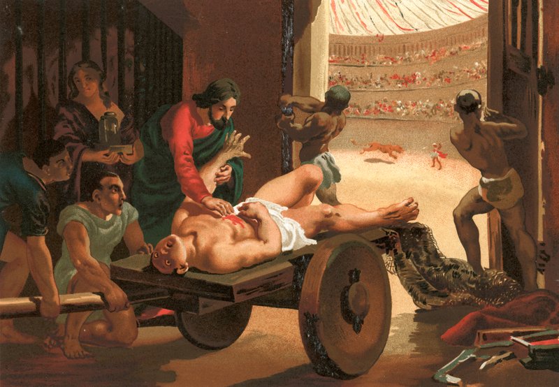 Galen hjælper en gladiator, såret i cirkus i Bergamo af Josep or Jose Planella Coromina