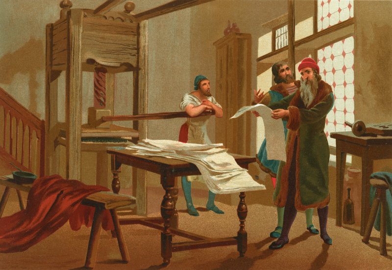 Gutenberg udskriver den første side af Bibelen af Josep or Jose Planella Coromina