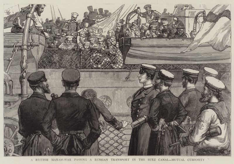 En britisk krigsmand passerer en russisk transport i Suez-kanalen, gensidig nysgerrighed af Joseph Finnemore