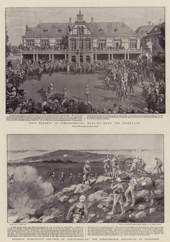 Lord Roberts ved Johannesburg, der trækker Vierkleur ned, general Hamiltons fremrykning mod Johannesburg, Derbyshires angriber ved Doornkop af Joseph Nash