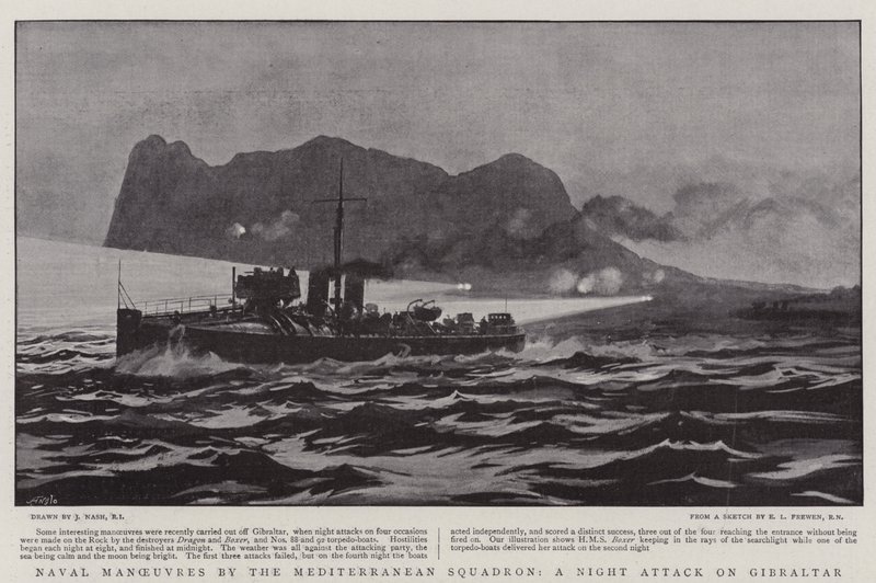 Flådemanøvrer af Middelhavseskadronen, et natangreb på Gibraltar af Joseph Nash
