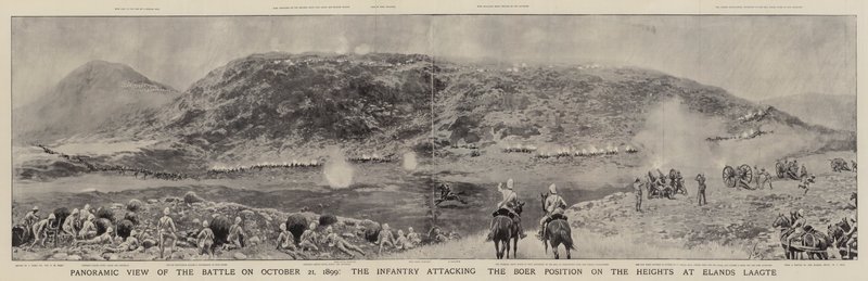 Panoramaudsigt over slaget den 21. oktober 1899, infanteriet angreb boerpositionen på højderne ved Elands Laagte af Joseph Nash